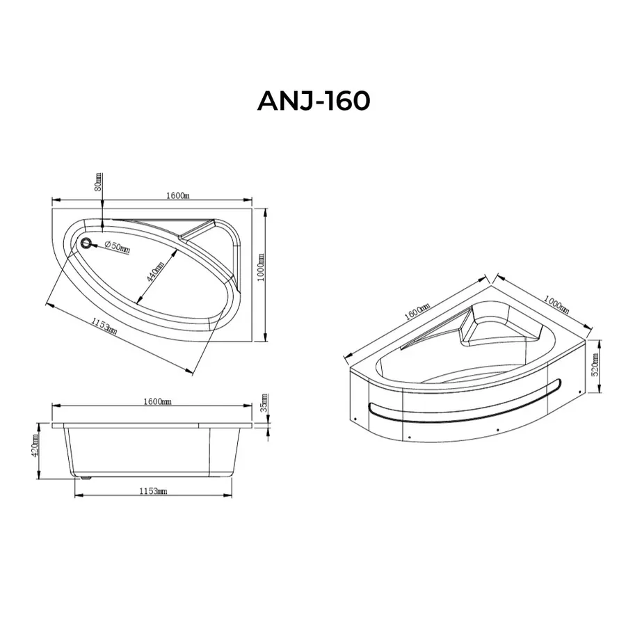 Nizza | cadă asimetrică, dreapta 160x100 cm