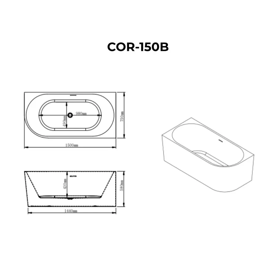 CORNER | cadă de baie semi-freestanding, de colț, stânga, albă, 150x75x58 cm