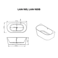 LANA | cadă de baie semi-freestanding, pentru montaj lângă perete, negru-alb, 160x80x58 cm