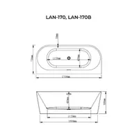 LANA | cadă de baie semi-freestanding, pentru montaj lângă perete, negru-alb, 170x75x58 cm