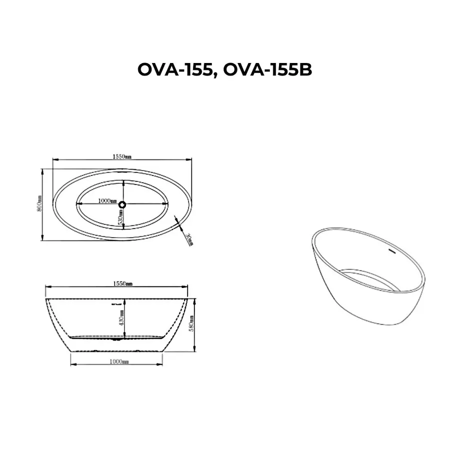 OVAL | cadă de baie freestanding, albă, 155x80x58 cm