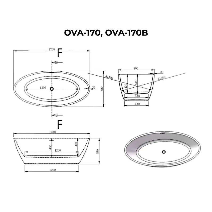OVAL | cadă de baie freestanding, albă, 170x80x58 cm