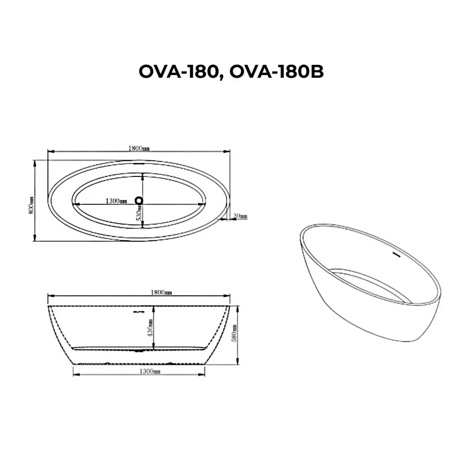 OVAL | cadă de baie freestanding, negru-alb, 180x80x58 cm