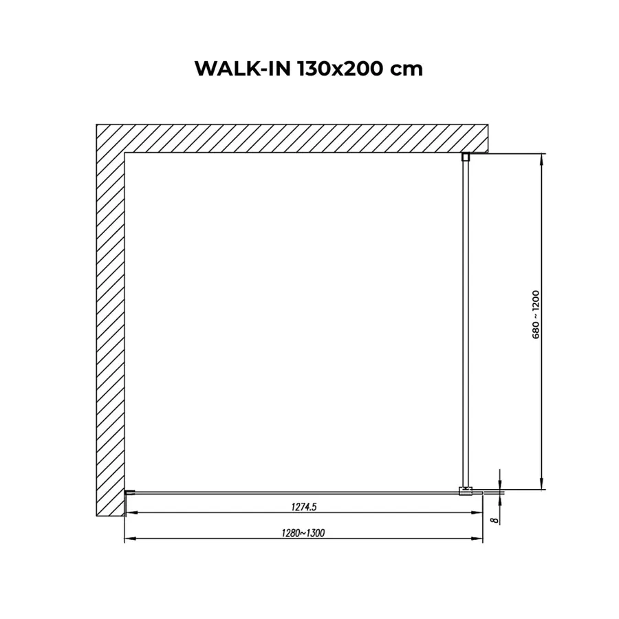 Walk-in | perete de duș Black, cu sticlă mată, satinată 130, 200cm, 8mm, NANO