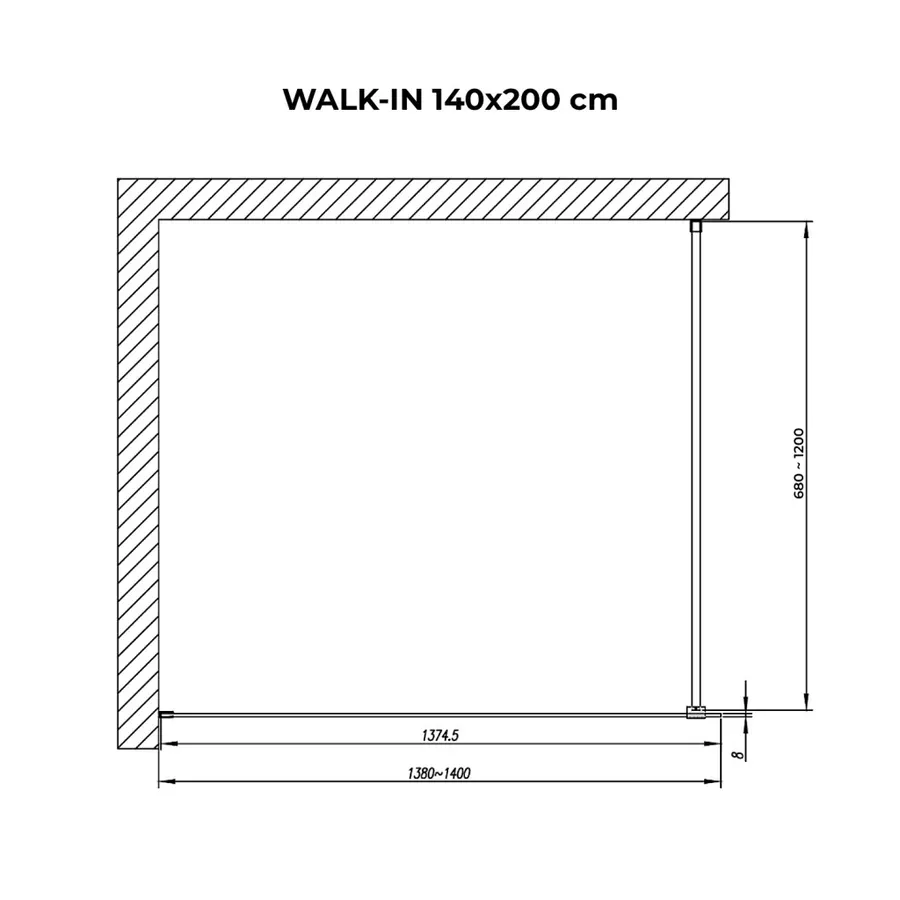 Walk-in | perete de duș Black, cu sticlă mată satinată 140, 200cm, 8mm, NANO