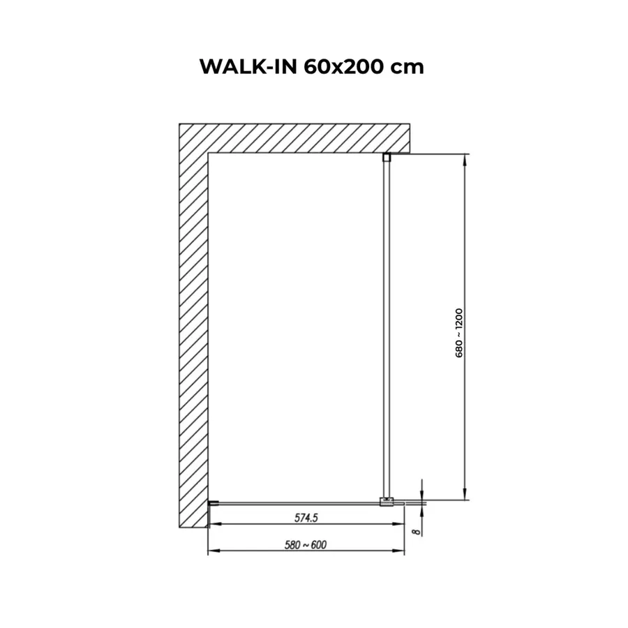 Walk-in | perete de duș Black, cu sticlă mată, satinată 60, 200cm, 8mm, NANO