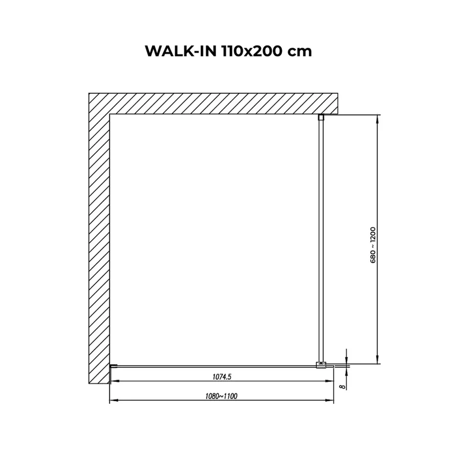 Walk-in | perete de duș Chrome, cu sticlă mată satinată 110, 200cm, 8mm, NANO