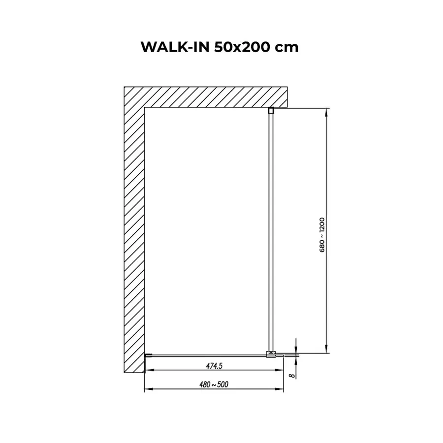 Walk-in | perete de duș Chrome, cu sticlă mată, satinată 50, 200cm, 8mm, NANO