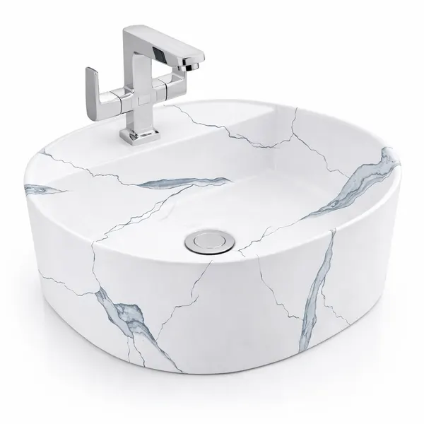 BERGAMO-M | Lavoar pe blat, ceramică, alb, model marmură, rotunjit