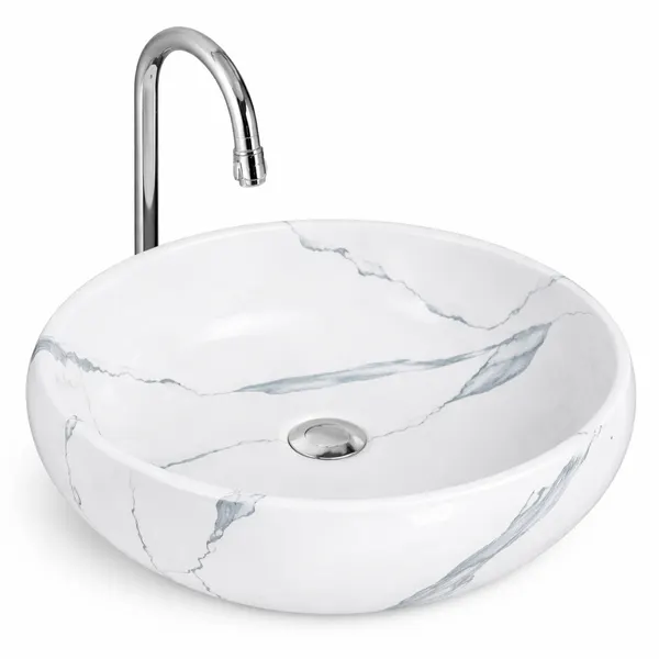 MERANO-M | Lavoar pe blat, ceramică, alb, model marmură, oval