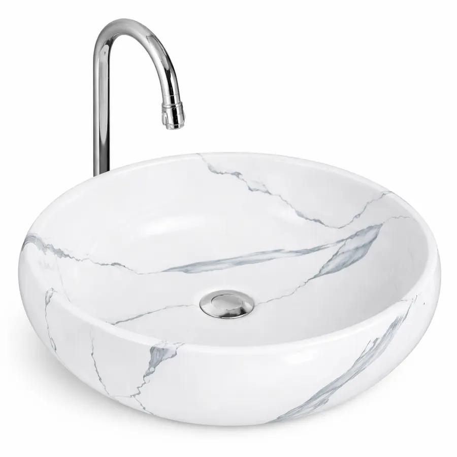 MERANO-M | Lavoar pe blat, ceramică, alb, model marmură, oval