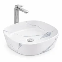 BERGAMO-M SLIM | Lavoar pe blat, ceramică, alb, model marmură, cu colțuri rotunjite