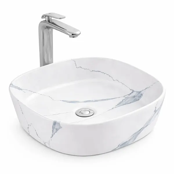 BERGAMO-M SLIM | Lavoar pe blat, ceramică, alb, model marmură, cu colțuri rotunjite