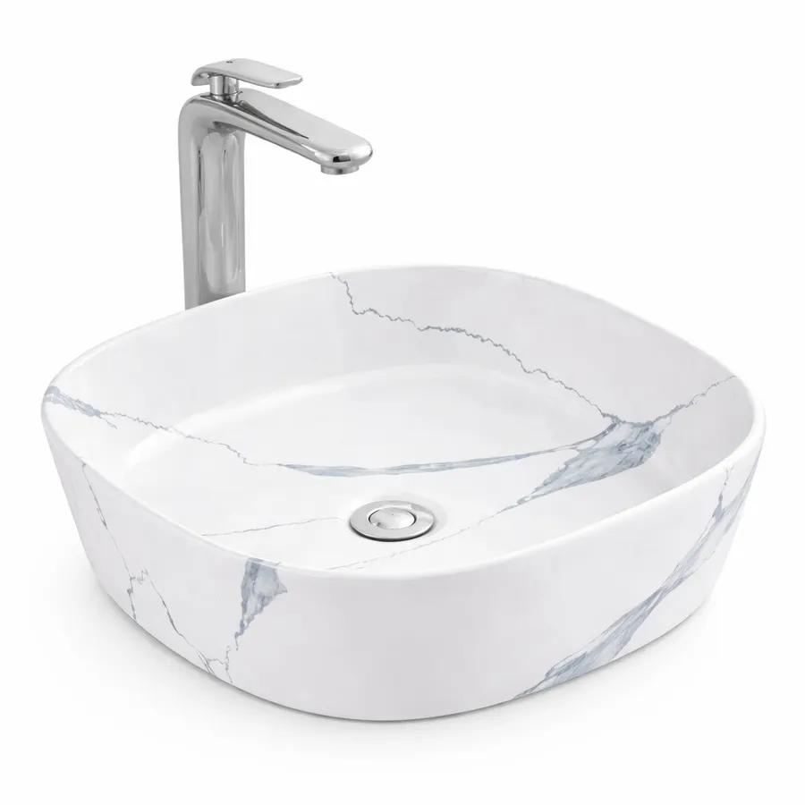 BERGAMO-M SLIM | Lavoar pe blat, ceramică, alb, model marmură, cu colțuri rotunjite