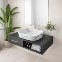 BERGAMO-M SLIM | Lavoar pe blat, ceramică, alb, model marmură, cu colțuri rotunjite