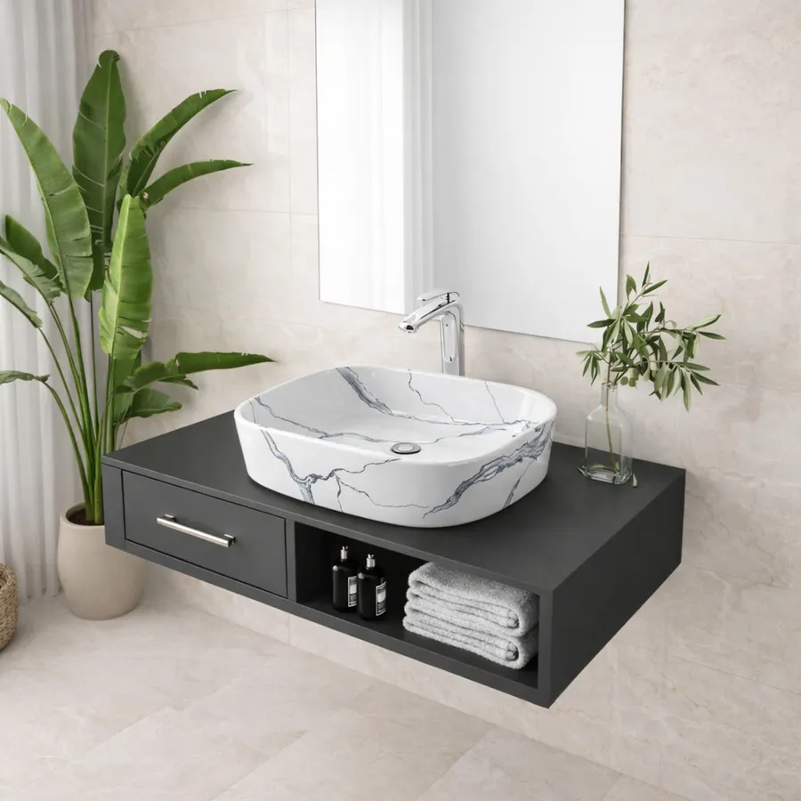 BERGAMO-M SLIM | Lavoar pe blat, ceramică, alb, model marmură, cu colțuri rotunjite