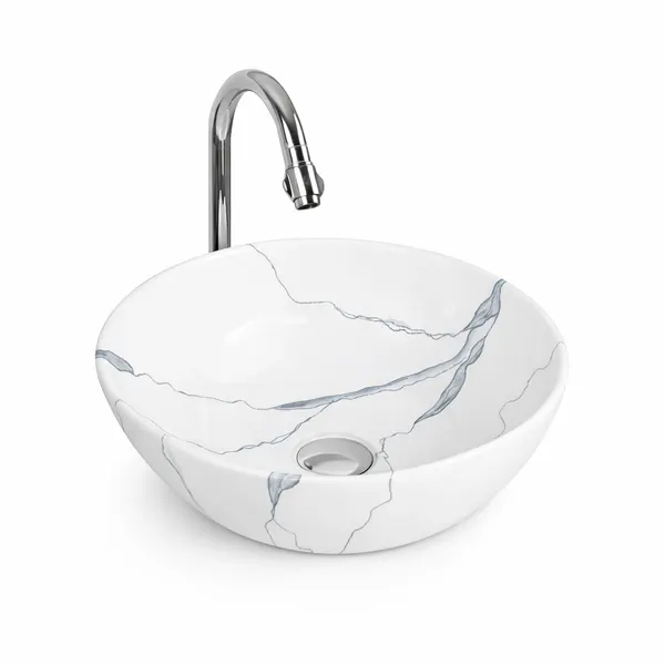 PARMA-M | Lavoar pe blat, ceramică, alb, model marmură, rotund