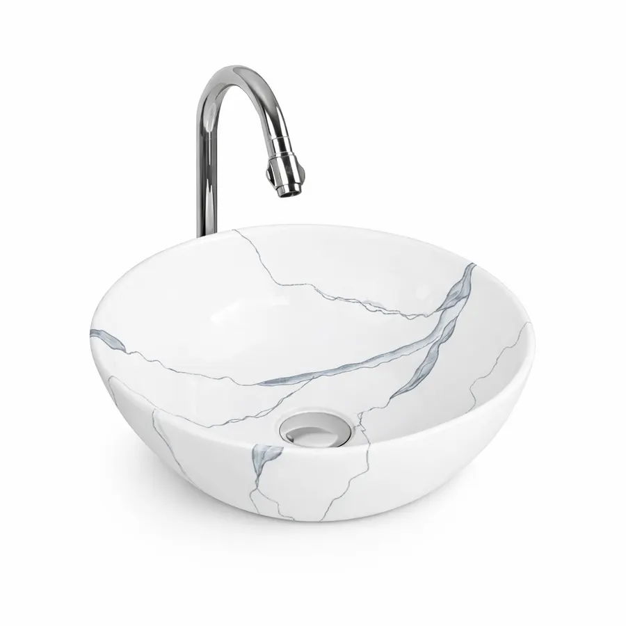 PARMA-M | Lavoar pe blat, ceramică, alb, model marmură, rotund