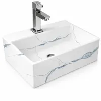 LEER-M | Lavoar pe blat, ceramică, alb, model marmură, dreptunghiular