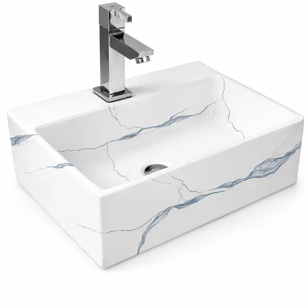 LEER-M | Lavoar pe blat, ceramică, alb, model marmură, dreptunghiular