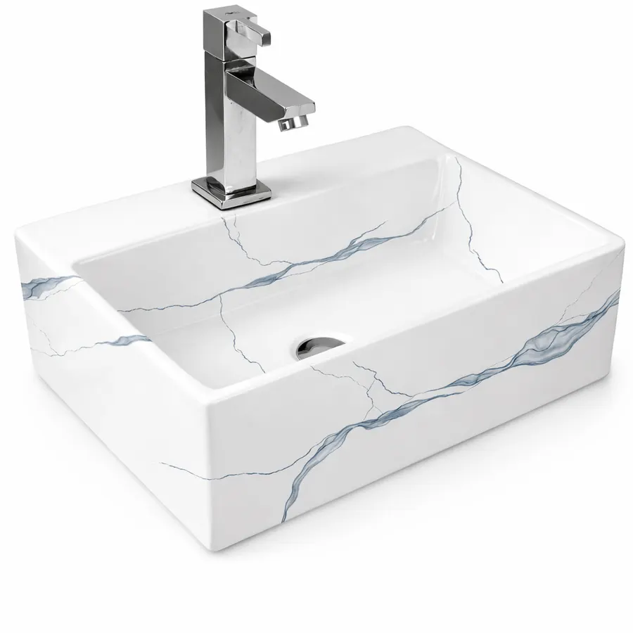 LEER-M | Lavoar pe blat, ceramică, alb, model marmură, dreptunghiular