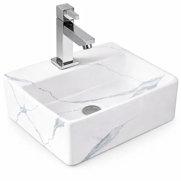 LAGE-M | Lavoar pe blat, ceramică, alb, model marmură, rectangular