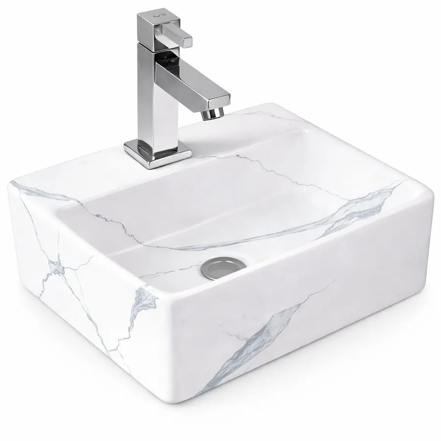 LAGE-M | Lavoar pe blat, ceramică, alb, model marmură, rectangular