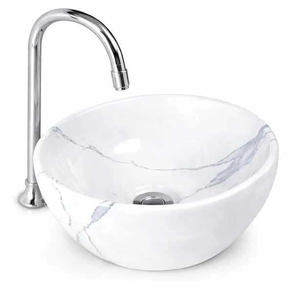 ASTI-M | Lavoar adânc pe blat, ceramică, alb, model marmură, rotund