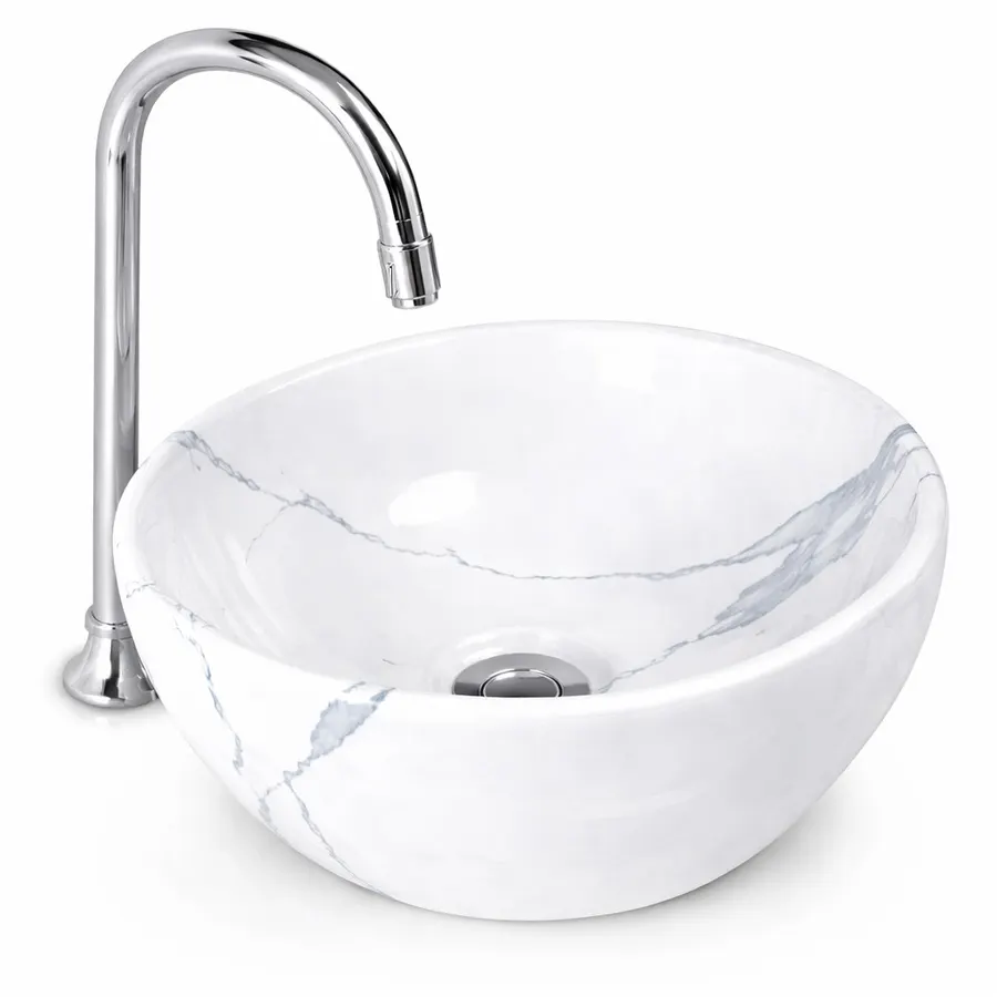 ASTI-M | Lavoar adânc pe blat, ceramică, alb, model marmură, rotund
