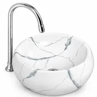 BARI-M | Lavoar pe blat, ceramică, alb, model marmură, rotund