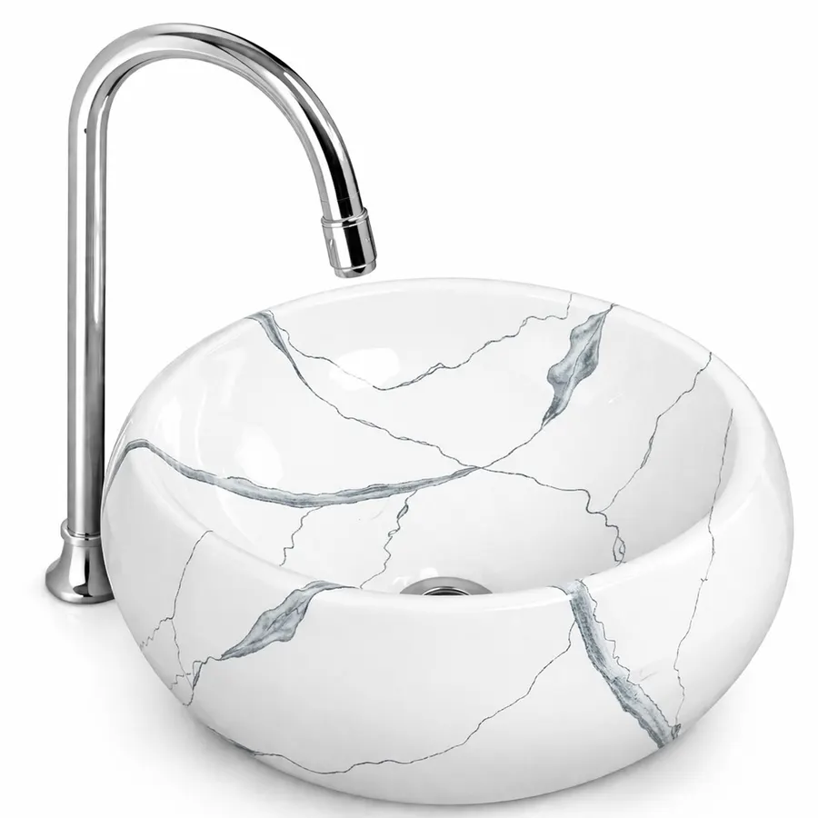 BARI-M | Lavoar pe blat, ceramică, alb, model marmură, rotund