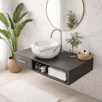 BARI-M | Lavoar pe blat, ceramică, alb, model marmură, rotund
