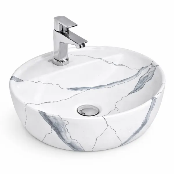 MONTERO-M 40 | Lavoar pe blat, ceramică, alb, model marmură, cu colțuri rotunjite