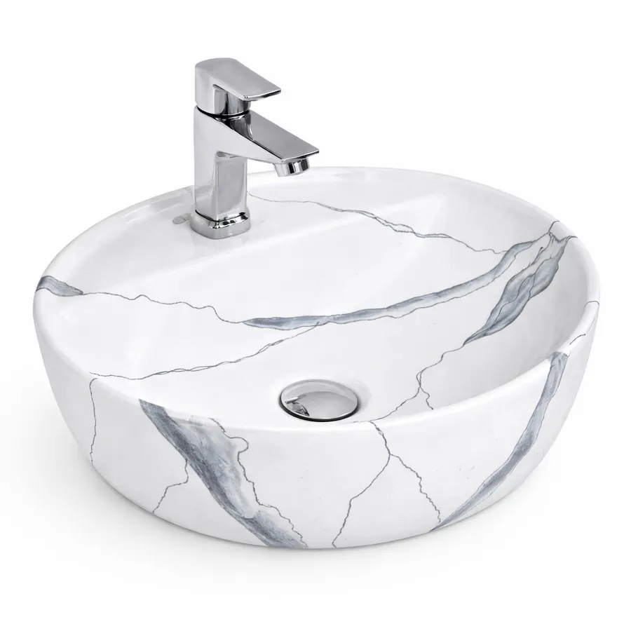 MONTERO-M 40 | Lavoar pe blat, ceramică, alb, model marmură, cu colțuri rotunjite
