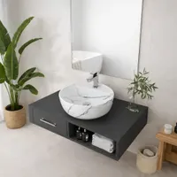 MONTERO-M 40 | Lavoar pe blat, ceramică, alb, model marmură, cu colțuri rotunjite
