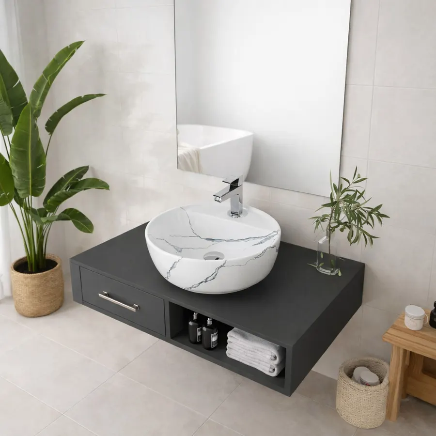 MONTERO-M 40 | Lavoar pe blat, ceramică, alb, model marmură, cu colțuri rotunjite