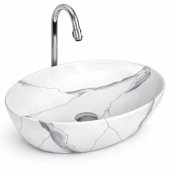 MONACO-M | Lavoar pe blat, ceramică, alb, model marmură, oval