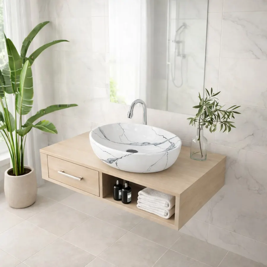 MONACO-M | Lavoar pe blat, ceramică, alb, model marmură, oval