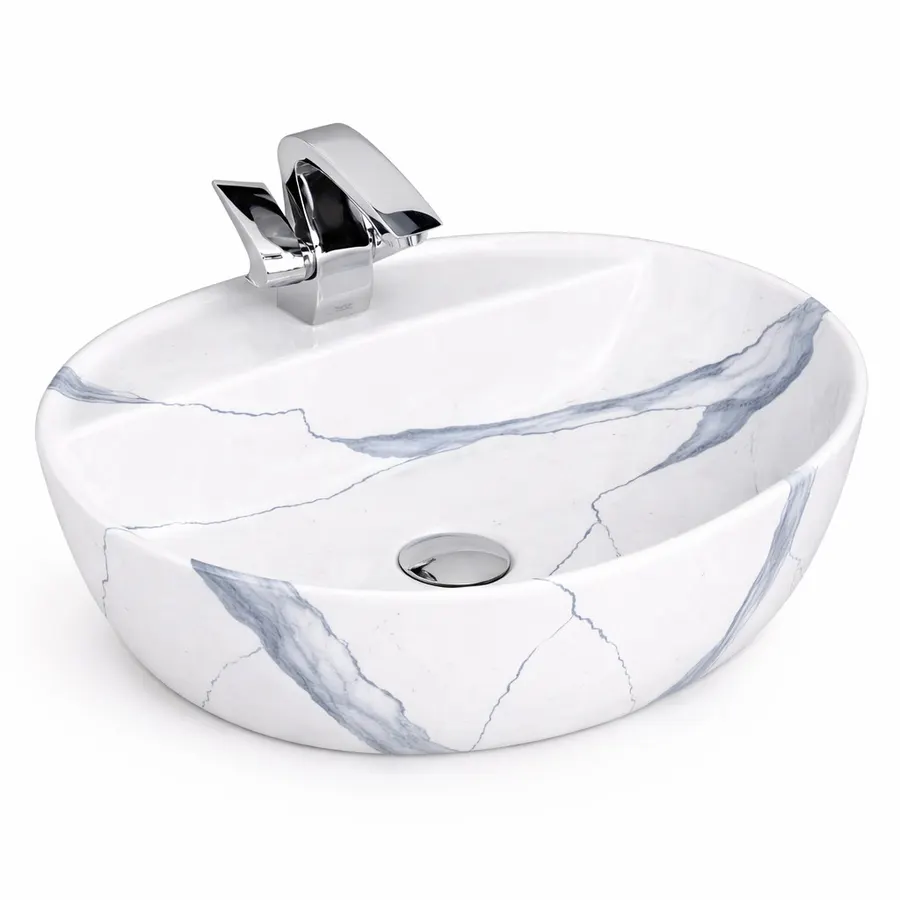 MONTERO-M 50 | Lavoar pe blat, ceramică, alb, model marmură, cu colțuri rotunjite