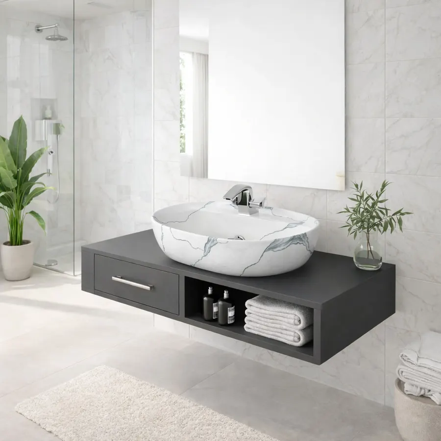 MONTERO-M 50 | Lavoar pe blat, ceramică, alb, model marmură, cu colțuri rotunjite