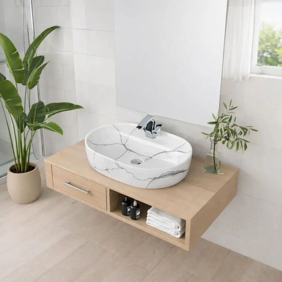 MONTERO-M 60 | Lavoar pe blat, ceramică, alb, model marmură, rotunjit
