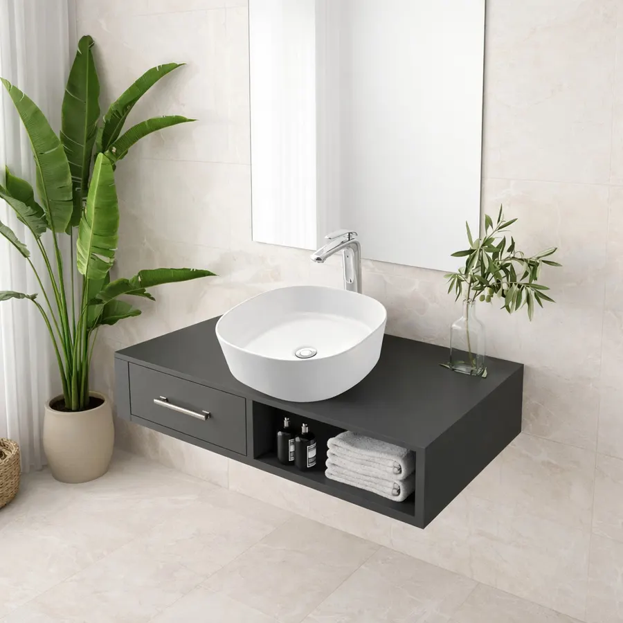 BERGAMO SLIM | Lavoar pe blat, ceramică, alb, rotunjit